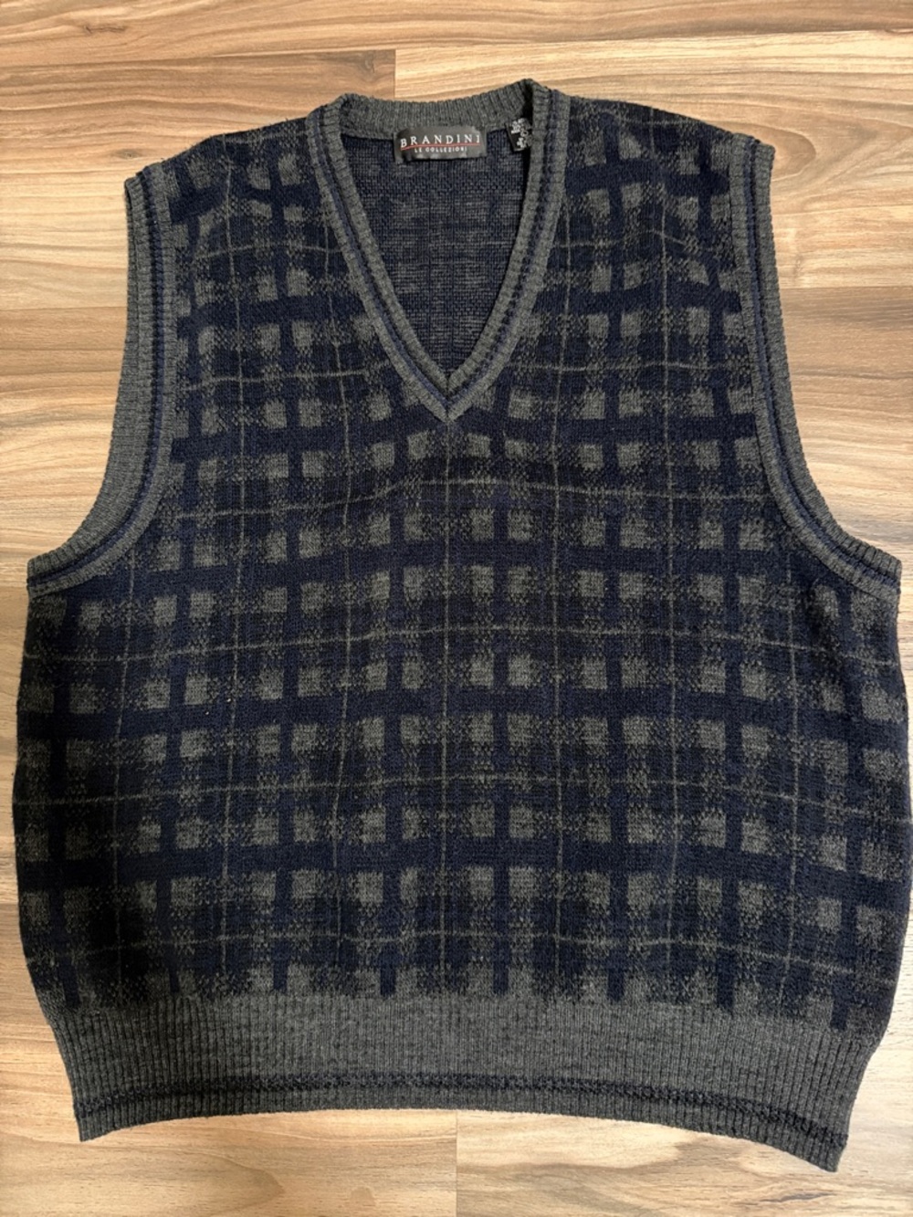 Brandini Men's Sweater Vest Made In Italy Size L Wool Blend Plaid Gray Navy Golf